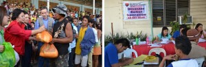 DSWD Region XI Director Priscilla Razon with movie star and World Food Programme Ambassadress KC Concepcion and WFP Director Stephen Anderson distribute relief goods to typhoon ‘Pablo’ victims in New Bataan, Compostela Valley. (Right) DSWD staff man the disaster relief operations desk at DSWD Region XI in Magsaysay Avenue, Davao City.