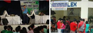Youth participants in the Family Camp for MCCT-HSF in NCR listen to a resource person from the Philippine National Police talk about drug awareness. (Right) Cash pay-out of grants to MCCT beneficiaries held in San Andres, Manila.