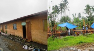PHOTO:  (Left) These bunkhouses in Barangay Poblacion, New Bataan, Compostela Valley serve as temporary homes to families displaced by typhoon ‘Pablo,’ which hit the town on December 4, 2012. (Right) Permanent shelters provided by Holcim for displaced families are undergoing construction.