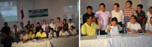 (Left) Albay mayors and key DSWD personnel look on as Governor Joey Salceda signs the Memorandum of Agreement. (Right) DSWD Secretary Dinky Soliman (front row, center) signs the Memorandum of Agreement