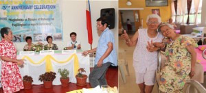 (left photo) Residents of Haven for the Elderly dancing with gusto captivate the attention of (left to right) Usec.Parisya Taradji, Region IV-A Director Leticia Diokno and Tanay City Municipal Administrator Dr. Gabriel Pigging. (Right photo) Happy senior citizens pose inside their cottage in Haven for the Elderly at Tanay