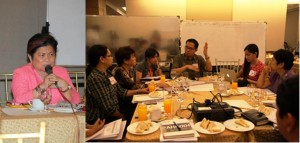 (Left) Social Welfare and Development Secretary Corazon Juliano-Soliman addresses the participants of the conference.  (Right) The participants discuss the challenges faced by the different sectors in implementing the social protection framework.