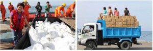 (Left Photo) DSWD Secretary Soliman inspects the goods contained at a PCG vessel (Corregidor 891) which arrived at the Zambo. City wharf yesterday morning. (Right Photo) A truckload of high-energy biscuits being delivered to the DSWD Operations Center. These biscuits are distributed to children in day care centers to supplement their daily intake.
