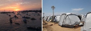 (Left) Badjao evacuees in their houseboasts continue their normal way living amidst crisis in Zamboanga. (Right) Shelter Box Tents were installed along Cawa-Cawa shoreline to serve as temporary homes for Badjao evacuees.