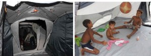 (Left) The solar lamp illuminates the tents at night time. (Right) Badjao kids happily play inside their tent.
