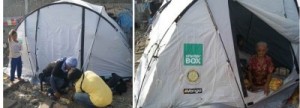   Left Photo: Volunteers setting--up a Shelter Box tent along Cawa-Cawa Boulevard. Right Photo:  Hajang Hasnan, 80 years old Badjao evacuee from Barangay Rio Hondo in Zamboanga City, is one of the recipients of a tent provided by the DSWD, IOM and Shelter Box International. 