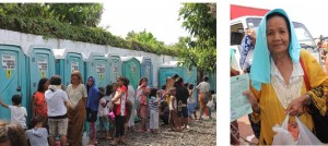 Left Photo: Portalets were set-up for the evacuees at the grandstand. Right photo: Nuridian Sampang, 60 and a mother of five says she is grateful that her children’s need was finally answered.  Nuridian is among those who received ready-to-eat-food today.