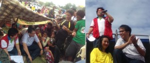 (Left) Secretary Soliman and DILG Secretary Mar Roxas talk to evacuees at the Zamboanga Grandstand to know their situation and their needs. (Right) Secretary Soliman addresses evacuees at the grandstand and assured them of government assistance,  while DILG Secretary Mar Roxas and Zamboanga City Mayor Beng Climaco listen.