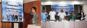 (Left Photo) DSWD Secretary Dinky Soliman addresses representatives of various local and international groups during the Donors’ Forum. (Right Photo) Secretary Soliman (2nd from right) joins hands with (from left to right) NDRRMC head Undersecretary Eduardo del Rosario, Congressman Celzo Lobregat, DND Secretary Voltaire Gazmin, and Zamboanga Mayor Beng Climaco –Salazar as they sing “Zamboanga Hermosa”. The officials made an appeal to help rebuild Zamboanga.