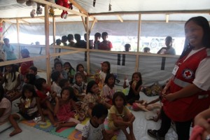 Eliza Sasuman, a Red Cross volunteer, at the day care center in JFE Sports Complex.