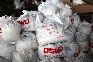 Relief goods with ‘love’ messages waiting to be shipped to Tacloban City.