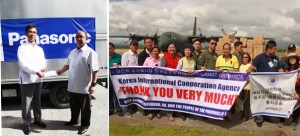 Left photo shows Director Leonardo Reynoso (right) receiving a cheque donation from Panasonic President Nobou Yasuhira. Right photo shows Region VI staff led by Director Evelyn Macapobre with Korean gov't officials during the turn-over of relief goods in Iloilo City.