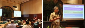 (Left Photo) DSWD Kalahi-CIDSS’ Amante Sabangan discusses the role of Kalahi-CIDSS in the post-disaster relief and recovery operations in Region 8 following TS Yolanda (Right Photo) Aunur Rofiq Hadi, the Head of the Policy Working Group of the National Community Empowerment Program, discusses Indonesia’s community-driven development program