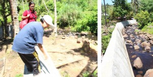 (Left Photo) Julie Pasaral where the water level reached during TS Yolanda. (Right Photo) The flood control sub-project kept Buaya residents safe from the ravages of flooding and of Typhoon Yolanda.