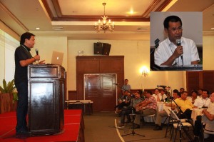 Mayor Javier and Gov. Petilla (inset) share the impact of CDD in Leyte to other local chief executives present in the launching of KALAHI CIDSS-NCDDP.
