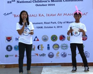 Pantawid Pamilyang Pilipino children-beneficiaries Diosa Mae Descalzota and Joshua  Estonilo emceed the program during the kick-off activity of the 22nd National Children’s  Month celebration held at Luneta recently. Both are active child rights advocates. 