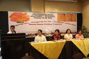 Joanna Marie Sorio, child-beneficiary of the Modified Conditional Cash Transfer for Homeless Street Families (MCCT-HSF) implemented by the Department of Social Welfare and Development (DSWD) shares her hopes and dreams, while DSWD Secretary Corazon Juliano-Soliman, Quezon City Mayor Herbert Bautista, Metro Manila Development Authority (MMDA) Undersecretary Corazon Jimenez and Jean Joaquin, Assistant department Head of Manila City Social Welfare and Development Office (CSWDO) listen intently.