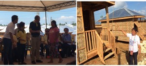 (Left photo) President Benigno S. Aquino III hands over the certificate of occupancy to a Yolanda survivor from Guian, while Sec. Soliman and other government officials look on (Right photo) Emilia Orgando is happy with her new home