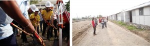 (Left Photo) Sec. Soliman and Sec. Mar Roxas lead groundbreaking for the community evacuation center. (Right Photo) ‘Yolanda’ survivors visit the Tzu Chi Great Love Village where shelter units are being constructed.