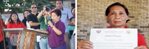  (Left Photo) Sec. Soliman gives her encouragement to the beneficiaries of the MSAP during the turn over of shelter units. (Right Photo) Virginia is proud of her Certificate of Occupancy for her new house.