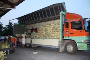 A cargo truck is loaded with food packs from DSWD Field Office XI to be delivered to Eastern Visayas.