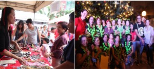 Ms. Evelyn Cafon, 39, a Pantawid Pamilya beneficiary from Lambahak, Lake Sebu, South Cotabato, selling bags and accessories made of indigenous materials like T'nalak and beads at the PaskuJuan Bazaar in Araneta Center. Photo shows Evelyn explaining the products made by the beneficiaries in Lake Sebu to Department of Social Welfare and Development (DSWD) Secretary Corazon Juliano-Soliman and other patrons. Left photo shows the Secretary and Sustainable Livelihood Program Director Georgina Ann Hernandez pose with the Pantawid Pamilya women-beneficiaries from Marikina who won in the Paligsayahan talent contest.