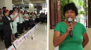 Sec.Soliman, other officials and employees, applaud Aling Estrelita as she shares her testimony.