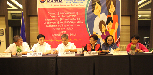 Sec. Soliman (4th from left) signs the Memorandum of Agreement with (from left) DepEd Undersecretary Mario Deriquito, DILG Undersecretary Edwin Enrile, DepEd Sec. Armin Luistro, and DOH Assistant Secretary Paulyn Jean Rosell-Ubial, firming up their commitment to intensify information dissemination of legal adoption in schools, local governments and health and medical facilities nationwide. DSWD Undersecretary Parisya Taradji (right) is also present during the signing.