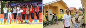 (Left photo) Usec. Medel (3rd from left) together with the beneficiaries of the housing project after the distribution of Certificates of Occupancy. (Right photo) 'Pablo' survivors now have new homes and a safe community.