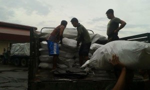 Volunteers unload food packs for Aurora province