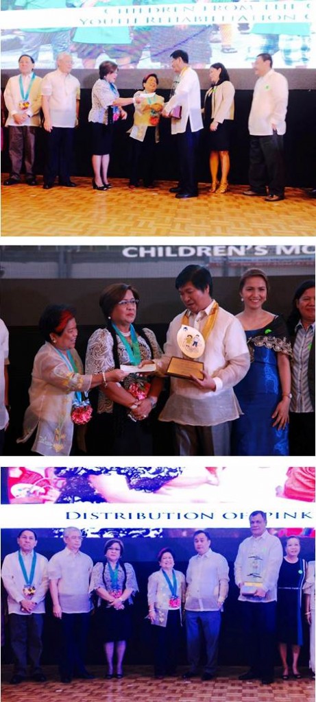 Sec. Soliman, Sec. De Lima, Usec. Panadero, and Usec. Belizario congratulate Davao City Administrator Jhopee Avancena-Agustin (first photo), Santiago City Mayor Joseph Salvador Tan (second photo), and Tagaytay City Congressman Abraham Tolentino (third photo) as they receive their Presidential Awards for being child-friendly local government units.
