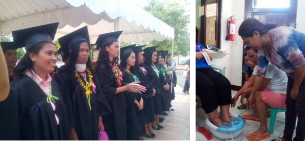 (Left photo) Evelyn (left) and other trainees beam with pride during their graduation. (Right Photo) Evelyn trains the residents of Haven for Women on beauty care.