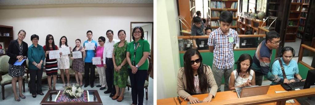 Left Photo: Sarah Ocampo, Jennifer Roco, Monette Mahinay, Ran Shile Bartolay, and Ma. Eleonor Valbuena proudly display their training certificates during their graduation ceremony. Also in photo are (from left), People’s Sparx CEO May Cuevas, DSWD U/Sec. Parisya Taradji, NODA Software Philippines, Inc. Manager Jes Gaerlan, DSWD Protective Services Director Margarita Sampang, and Social Worker Camia Ferrer, focal person on PWDs. Right Photo: Visually impaired participants during their skills training.