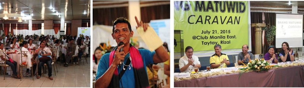 (Left photo) Program beneficiaries who attended the Daang Matuwid Caravan and (right photo) Cabinet Sectaries (from left to right) Ramon Jimenez (DOT), Armin Luistro (DepEd), Florencio Abad (DBM), Corazon Juliano-Soliman (DSWD), and Janet Garin (DOH) applaud as (middle photo) Christopher Roda shares his experiences as a beneficiary of the Bottom-Up Budgetting where his community was provided with a water system project. 