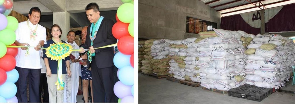 DSWD  Assistant Secretary Rodolfo M. Santos [right] and  Engr. Lorenzo M. Yumang of DPWH cut the ceremonial ribbon during the Blessing and Inauguration of the DSWD – Mindanao Resource and Operations Center Wednesday in Bago Oshiro, Tugbok District. Also in photo are DSWD Regional Director Priscilla N. Razon and Rev. Fr. Jovil Bongay of the Immaculate Concepcion Parish-Mintal. Right photo shows relief supplies neatly arranged ready for augmentation to local government units affected by disasters.