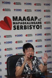DSWD Sec. Judy M. Taguiwalo explains to media during the press conference this morning that the Department's public service is anchored on and guided by the principle of "serbisyong may malasakit at walang puwang sa katiwalian at pantay na ibinibigay ito sa tunay na mga nangangailangan" (compassionate service which has no room for corruption and is equally available to all those in need). The Secretary provided updates and answered questions on the following programs and issues: P1B free medicines or Libreng Gamot para sa Masa (LINGAP); Rice Subsidy for Pantawid Pamilya beneficiaries; provision of food assistance to the Kadamay members and other relocatees in Pandi, Bulacan; status of distribution of P5,000 Cash Assistance for Typhoon Yolanda survivors; preparations for the "BIG" one or possible earthquake; and assistance to Sabah Deportees; and, Kamustahan campaign with Pantawid Pamilya beneficiaries.