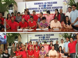 Photo 1: Front row, Middle, Left to Right: Department of Social Welfare and Development (DSWD) Secretary Judy M. Taguiwalo leads the signing of the 5th Collective Negotiations Agreement (CNA) between the Social Welfare Employees' Association of the Philippines (SWEAP) and the DSWD Management with SWEAP National President Mr. Manuel R. Baclagon, DSWD Undersecretary Mateo G. Montano and other members of the DSWD Management Negotiating Panel and SWEAP Negotiating Panel. Photo 2: SWEAP officers raise their fists as a happy gesture for the successful negotiations that culminated to the signing of the CNA 2016-2019.