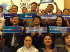 Middle, Left to right: Department of Justice (DOJ) Secretary Vitaliano Aguirre, Department of SOcial Welfare and Development (DSWD) Secretary Judy M. Taguiwalo, and DSWD Undersecretary Vilma B. Cabrera lead the advocates in appealing to the Filipino public to support the fight against human trafficking during the recently held World Day Against Trafficking at the Philippine International Convention Center (PICC).