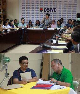 Above photo shows the Department of Social Welfare and Development (DSWD) Undersecretary Mae Fe Ancheta-Templa explaining the objectives of the Civil Society Organizations (CSO) Pre-Accreditation express review. Mr. James Bulan (left), representative of the Kaunlaran ng Manggawang Pilipino, Inc., presents their accreditation application and documentary requirements for an express review of a DSWD technical staff.