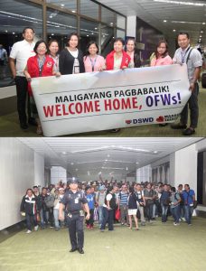 Above: Undersecretary Mae Fae Templa (5th from left) leads the DSWD team in welcoming the 141 overseas Filipino workers who are the 3rd batch of the repatriated workers from the Kingdom of Saudi Arabia. Below: The OFWs are happy to be back home, finally !