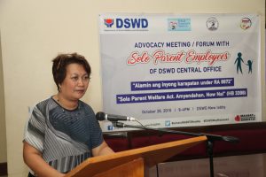 Department of Social Welfare and Development Assistant Secretary Hope V. Hervilla discusses the role of solo parents in society and the need to support the sector’s advocacy to amend R.A. 8972 or the Solo Parents Welfare Act of 2000 during the Advocacy Meeting/Forum with Solo Parent Employees of DSWD Central Office held recently.
