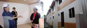Photo 1: Department of Social Welfare and Development (DSWD) Secretary Judy M. Taguiwalo holds a discussion with DSWD-Field Office VIII Regional Director Restituto Macuto and Community Architect Rex Cabangan on the status of the construction of permanent and disaster-resilient homes for Yolanda survivors in Pope Francis Village, Tacloban City. Photo 2: Currently, 14 housing units are already finished in the village which will serve as permanent shelter for the Yolanda-affected families from the districts of Magallanes and San Jose.