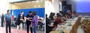 Left photo: DSWD Sec. Judy M. Taguiwalo (in black shirt) hands over the cash assistance to a bereaved family member of one of the six people who lost their lives due to the earthquake while Surigao City Mayor Ernesto Matugas (leftmost ) and Surigao Norte Governor Sol Matugas (second from left) look on. In the background is Pres. Rodrigo Duterte and other members of his cabinet. Right photo: Sec. Taguiwalo during a meeting with the local government units (LGUs) of Surigao City to discuss the steps needed to assist the quake victims.