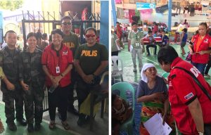 Left photo: Department of Social Welfare and Development (DSWD) Secretary Judy M. Taguiwalo with the members of the Armed Forces of the Philippines (AFP) and Philippine National Police (PNP) who are watching over the safety of Marawi siege-affected families currently staying in evacuation centers in Iligan. Right photo: Sec. Taguiwalo checks on the condition of families in the evacuation center in Buru-un, Iligan City.