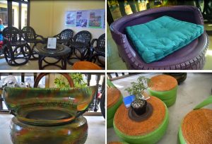 Livelihood associations in Kalibo, Aklan assisted by the Department of Social Welfare and Development (DSWD) through its Sustainable Livelihood Program (SLP) turn solid wastes, such as car and bicycle tires, into chairs, tables, and other furniture and displays.