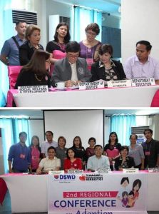 Photo 1: Department of Justice (DOJ) Secretary Vitaliano Aguirre II (in gray) signs the Memorandum of Agreement (MOA) which formally includes the DOJ as one of the lead agencies that will promote the legal adoption advocacy. Photo 2: Department of Social Welfare and Development (DSWD) Undersecretary Virginia Orogo (in red), Department of Interior and Local Government-National Barangay Operations Office (DILG-NBOO) Director Leocadio Trovela (seated left), Department of Education (DepEd) Assistant Secretary Tonisito Umali (seated right) with officials from the Department of Health (DOH), DSWD, DILG, and DepEd after the signing of the renewed commitment of the four government agencies to strengthen their partnership and address the challenges of legal adoption in the Philippines.