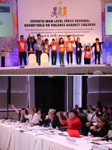 Photo 1: Children delegates present their issues and recommendations to end child violence on the last day of the Seventh (7th) Cross-Regional Roundtable on Violence Against Children in Manila, Philippines. Photo 2: Department of Social Welfare and Development (DSWD) Secretary Judy M. Taguiwalo (in red) gives a thumbs up approval to the presentation of the children delegates with United Nations (UN) Special Representative of the Secretary-General on Violence against Children (SRSG) Madame Marta Santos Pais (left), Ms. Rodora T. Babaran, Director of Human Development of the Association of Southeast Asian Nations (ASEAN) Secretariat (right) and other regional organization representatives.