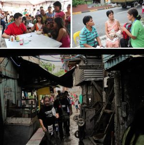 Photo 1: Brgy. Piñahan Kagawad and volunteer Dr. Edwin C. Bernal provides free medical consultation and prescribes medicines to the residents of the barangay during the information and service caravan. Photo 2: A psychologist from the DSWD provides counseling services to the members of the community who were experiencing emotional trauma or stress. Photo 3: DSWD employees and barangay volunteers pass through a narrow path as they go around the barangay to distribute information materials about the programs and services of the Department.