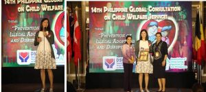 Photo 1: Taguig City 2nd District Representative Pia Cayetano delivers her keynote speech at the 14th Philippine Global Consultation on Child Welfare Services. Photo 2: Department of Social Welfare and Development (DSWD) Undersecretary for Special Concerns Virginia Orogo (left) and Inter-Country Adoption Board (ICAB) Board Member Atty. Maria Gabriela Concepcion (right) present a token of appreciation for Rep. Cayetano after her speech.