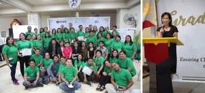 (Left) The 52 houseparents who completed the Advanced Training Program on House Parenting pose with DSWD Protective Services Bureau and NCR, ACTION and JICA representatives. (Right) Etsuko Masuko from JICA Philippines lauds the houseparents who completed the advanced training program.